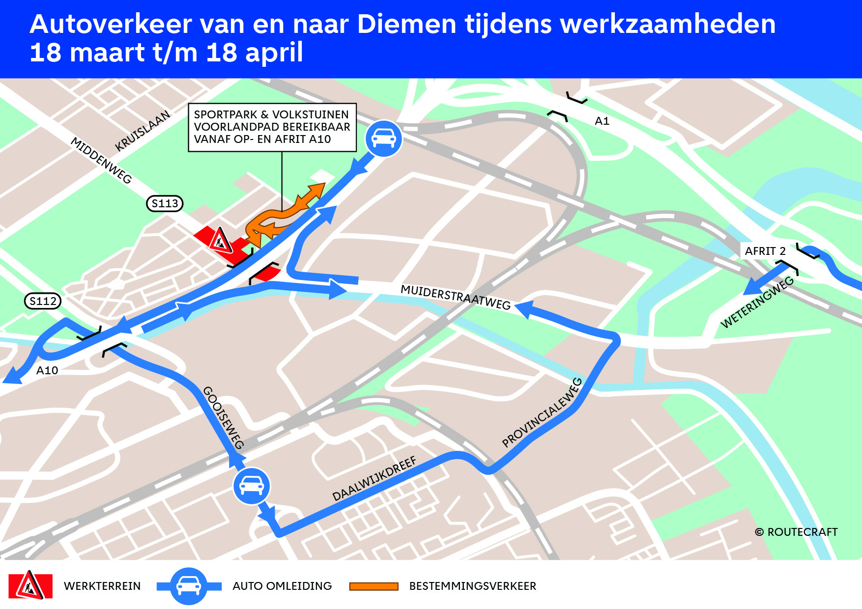Kaartje omleidingsroutes werkzaamheden Middenweg