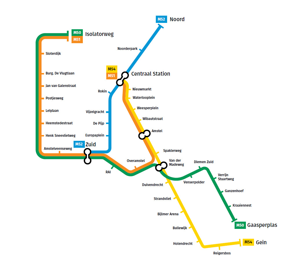 Kaart van het Amsterdamse metronetwerk met vier lijnen en overstap bij Van der Madeweg voor Diemen Zuid naar CS.