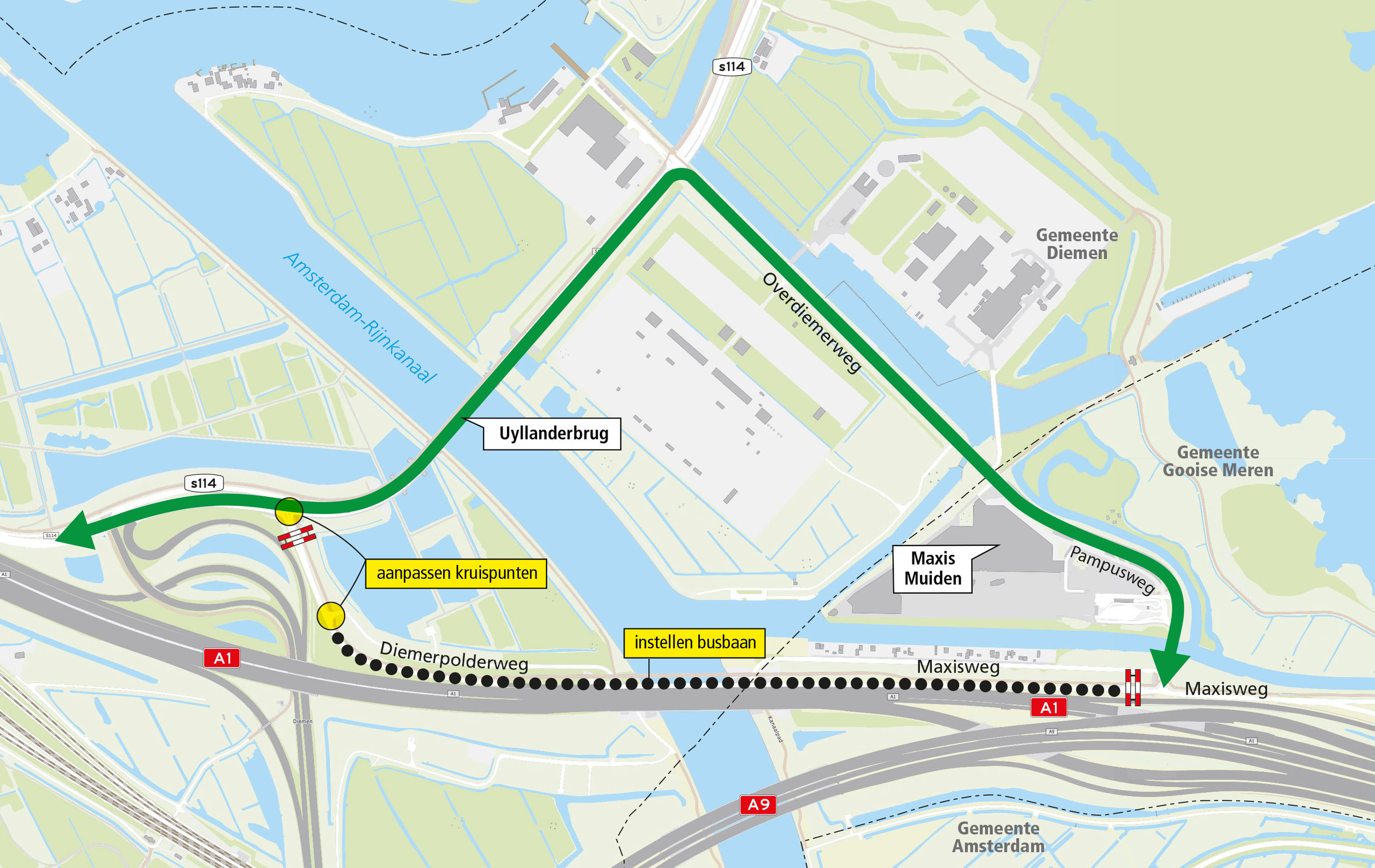 Kaart waarop de afsluiting van de Diemerpolderweg wordt aangegeven. Verkeer naar het Maxisterrein kan omrijden via de route Fortdiemerdamweg/Overdiemerweg.