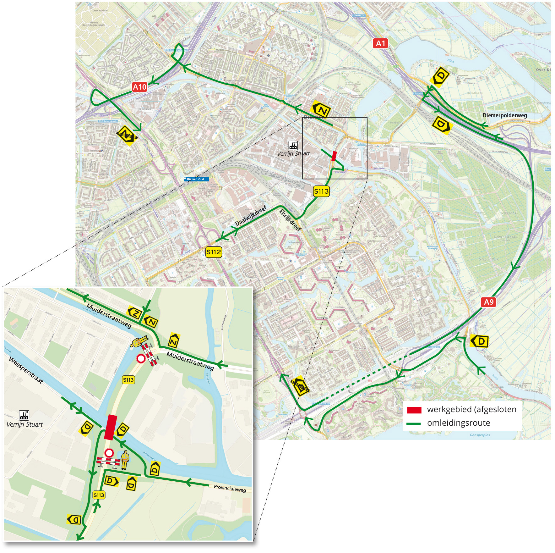 Routekaartje_afsluiting Tollensbrug