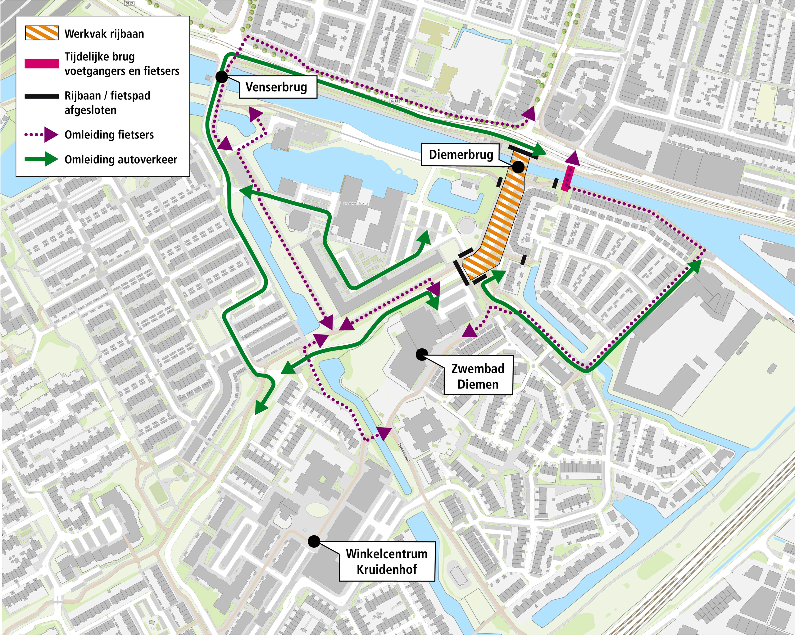 Kaart met omleidingroutes voor fietsers en autoverkeer tijdens de afsluiting van de Diemerbrug tussen 21 oktober en 20 december 2024