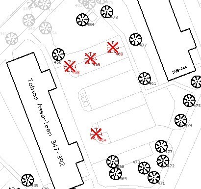 Kaart kappen van bomen parkeerterrein Tobias Asserlaan