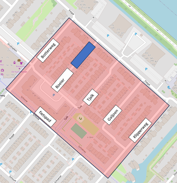 Kaart Scheepskwartier. Op 18 november beginnen de werkzaamheden bij het blauwe vlak